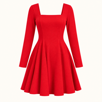 Square-Neck Long-Sleeve Fit-and-Flare Mini Dress