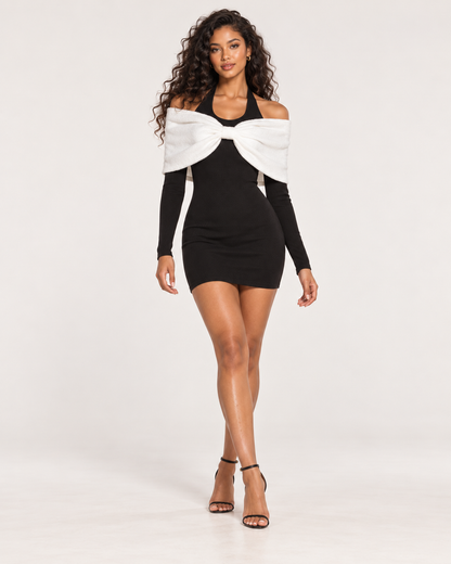 Contrast Bow-Shoulder Bodycon Mini Dress