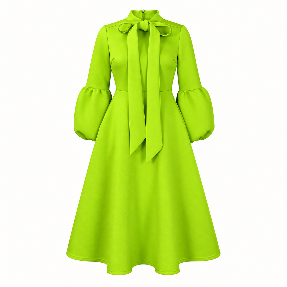 Bow-Neck Puff-Sleeve Midi Dress