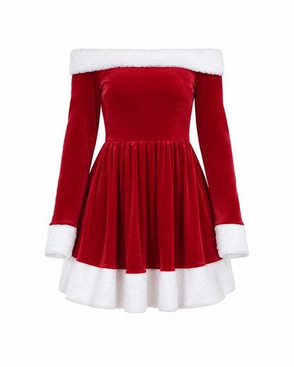 Women's Christmas Costume Santa Dress Plush Trim Boat-Neck Off-Shoulder Sleeve Dress New Year Party Cosplay Costume –…