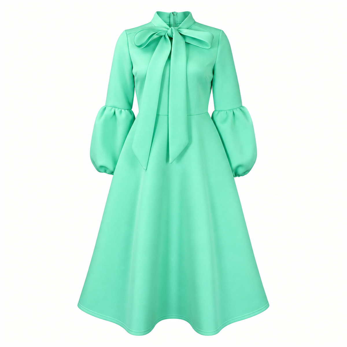 Bow-Neck Puff-Sleeve Midi Dress