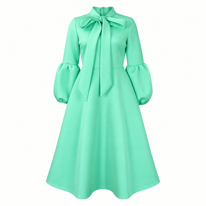 Bow-Neck Puff-Sleeve Midi Dress