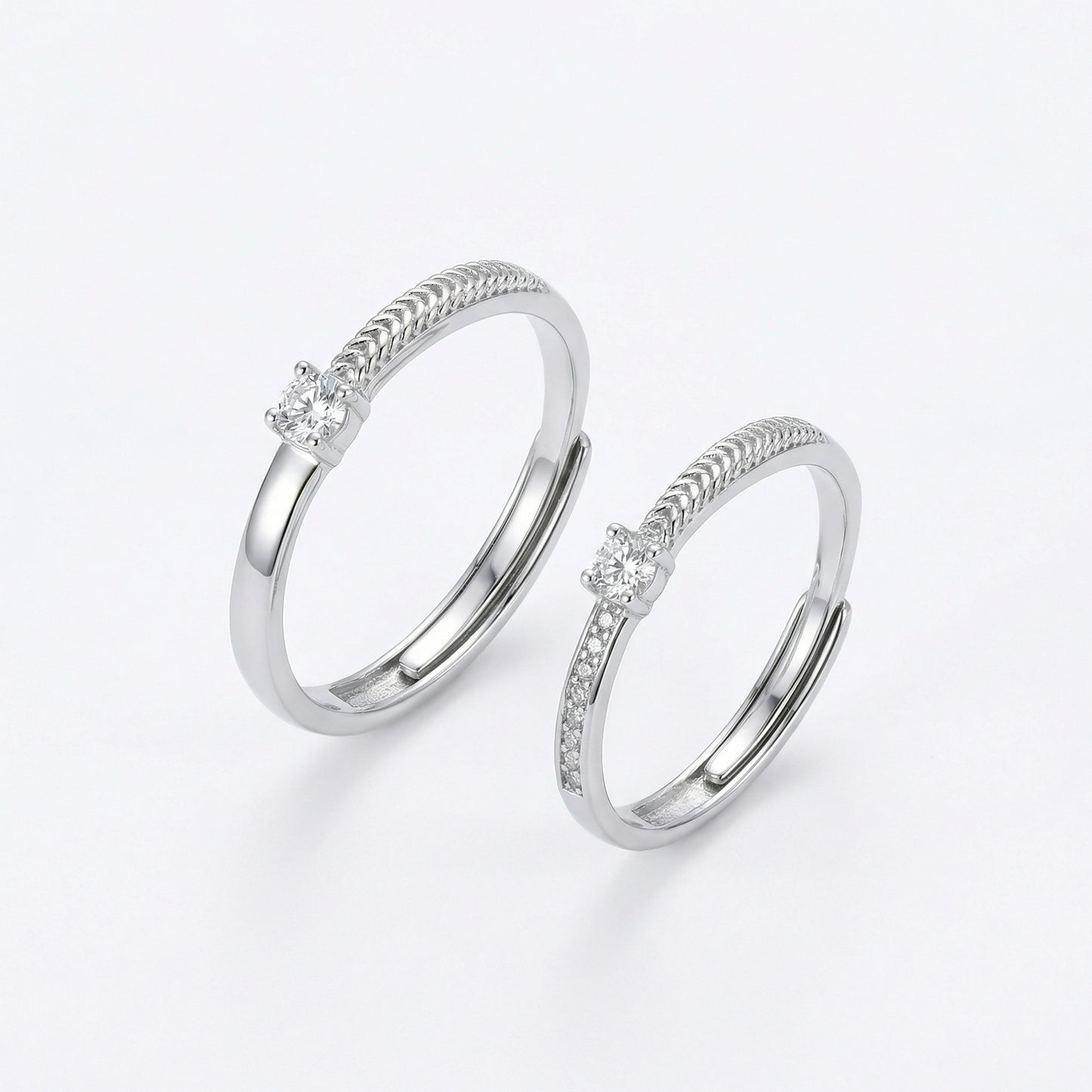 925 Sterling Silver Elegant Adjustable Silver Couple Rings with Sparkling Round-Cut Gemstones