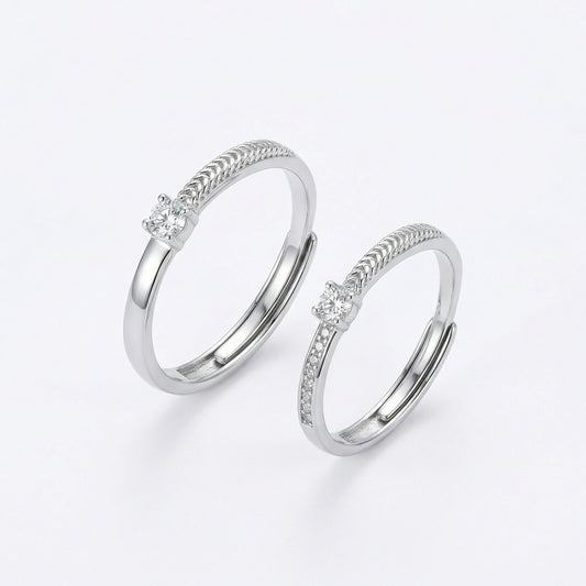 925 Sterling Silver Elegant Adjustable Silver Couple Rings with Sparkling Round-Cut Gemstones