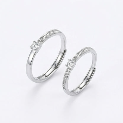 925 Sterling Silver Elegant Adjustable Silver Couple Rings with Sparkling Round-Cut Gemstones