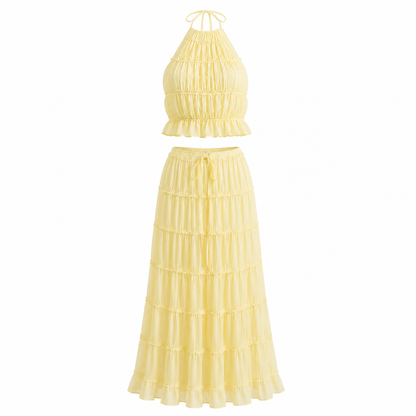Backless Halter Lace-up Pleated Dress Lace Vest Suit