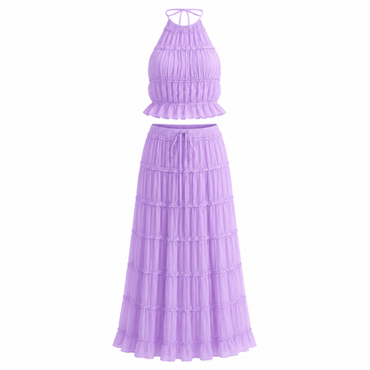 Backless Halter Lace-up Pleated Dress Lace Vest Suit
