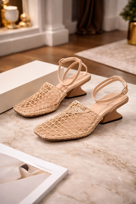First Encounter Season Niche Design Wedge Heel Fishnet Hollow Women's Sandals, Retro Square Toe Woven Backless One-Strap Sandals