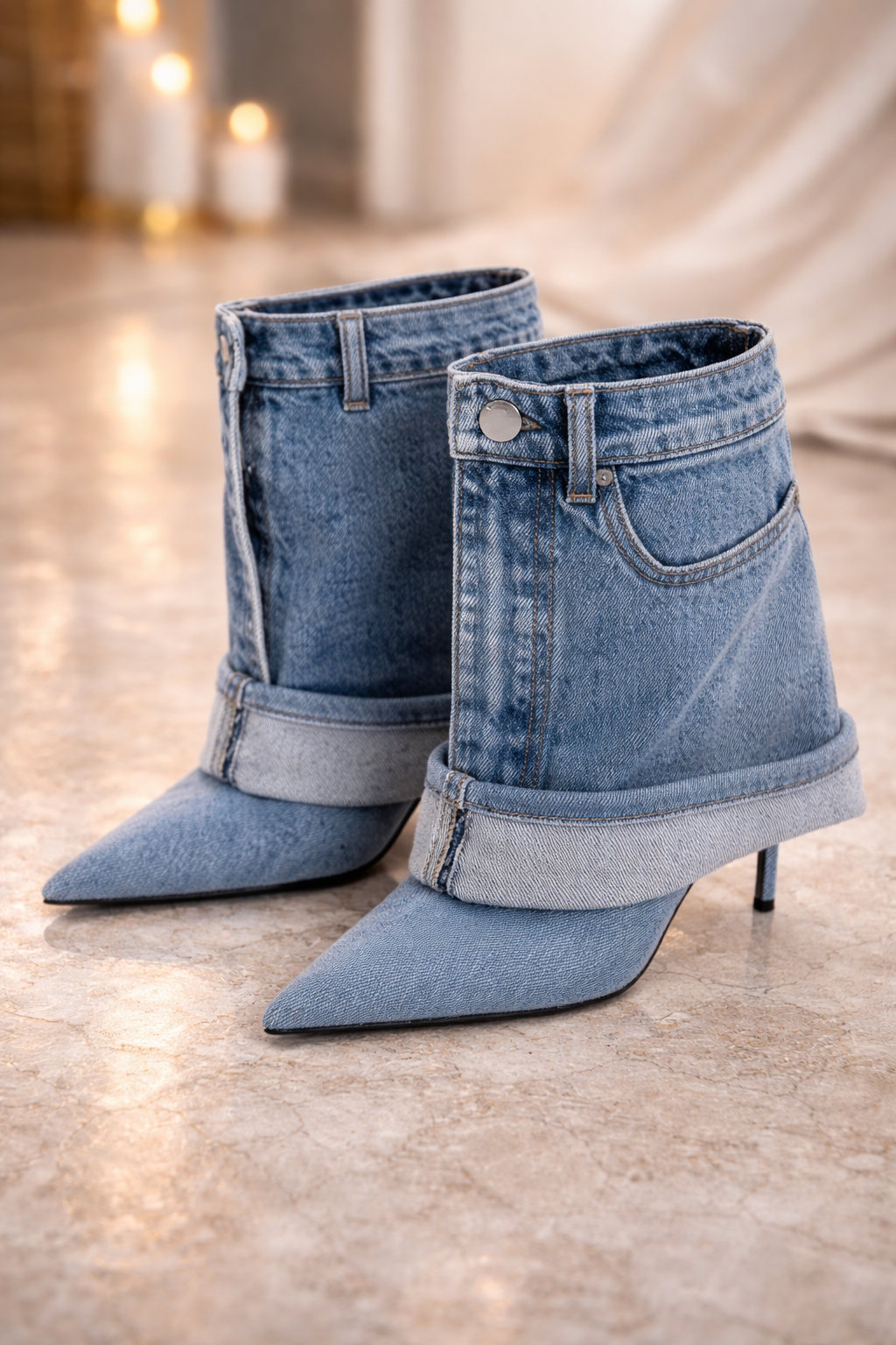 Pointed-toe Washed Denim Pantskirt Stiletto Heel Ankle Boots