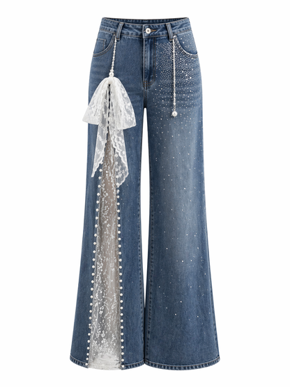 Lace Stitching Rhinestone Jeans