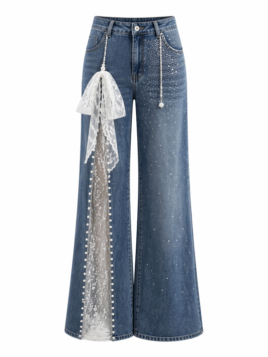 Lace Stitching Rhinestone Jeans