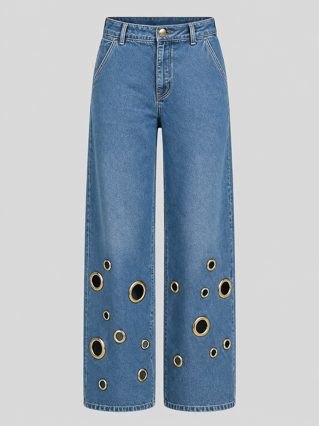 High-waisted Loose-fit Denim Jeans With Cutout Detailing And Metal Eyelets
