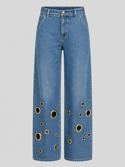 High-waisted Loose-fit Denim Jeans With Cutout Detailing And Metal Eyelets