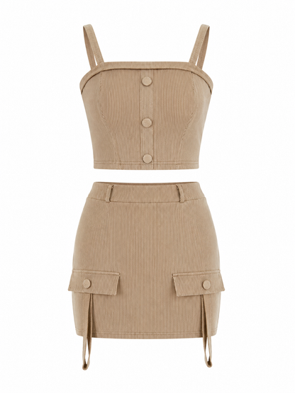 Buttoned Square-neck Camisole Top With Flap-detail Skirt Two-piece Set