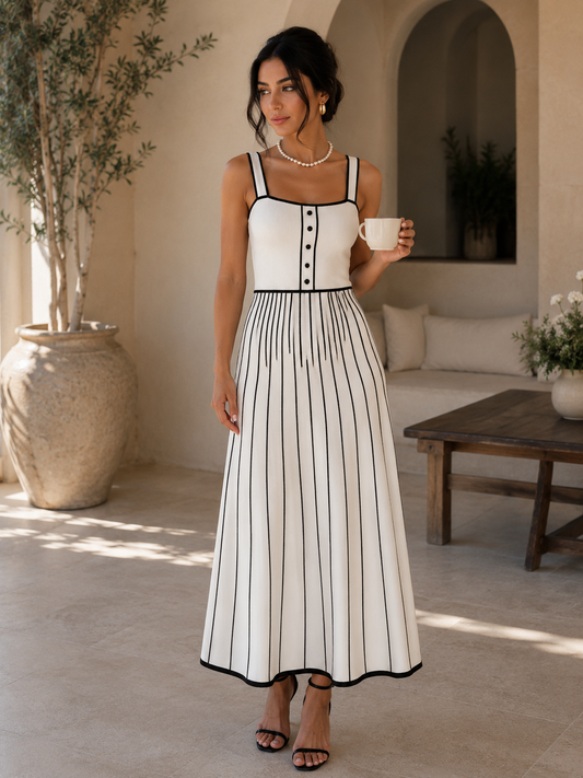 Retro Spaghetti Straps Stripes Patchwork Knitting Dress