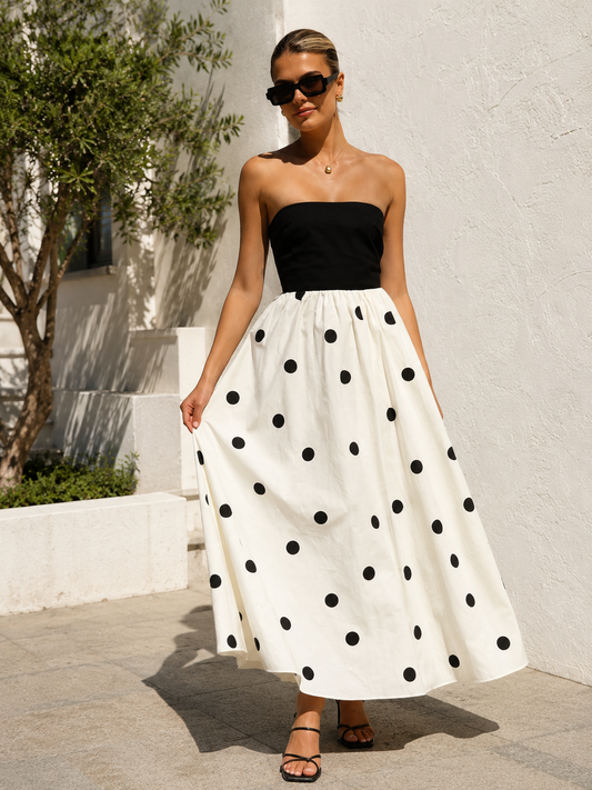 Polka-dot Print Patchwork Tube Maxi Dress