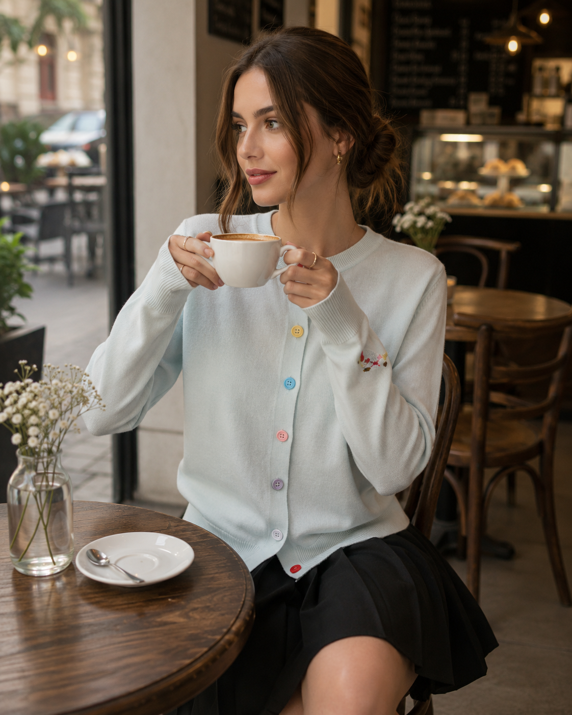 Embroidered Crew Neck Versatile Cardigan Knitted Top
