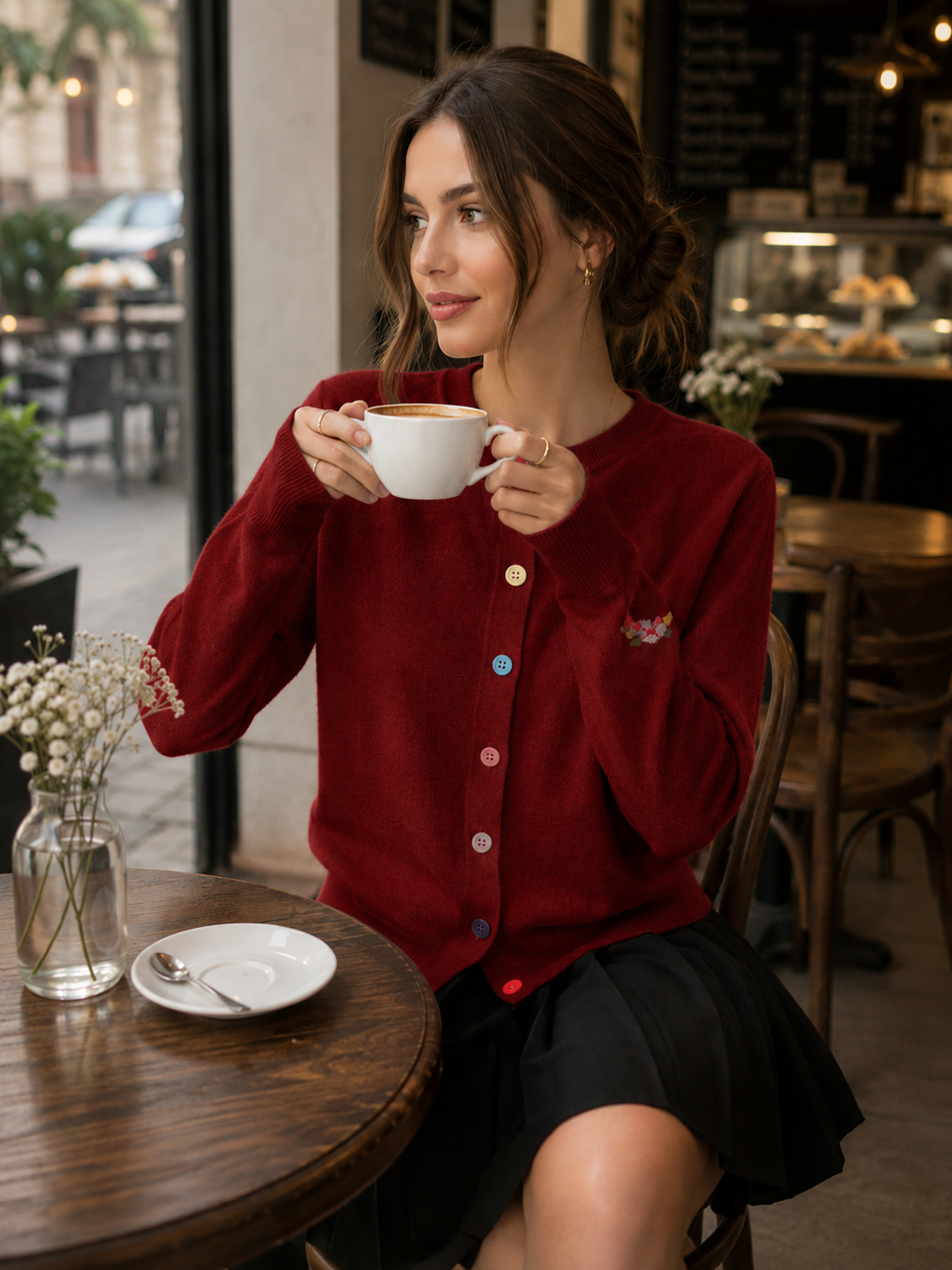 Embroidered Crew Neck Versatile Cardigan Knitted Top