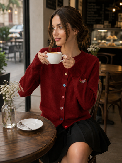 Embroidered Crew Neck Versatile Cardigan Knitted Top