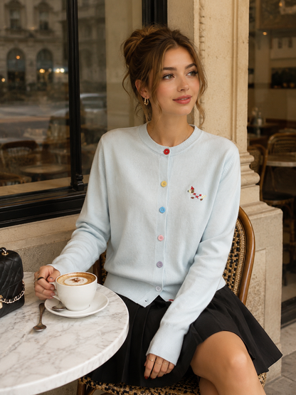 Embroidered Crew Neck Versatile Cardigan Knitted Top