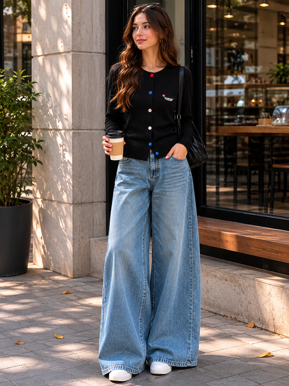 Embroidered Crew Neck Versatile Cardigan Knitted Top