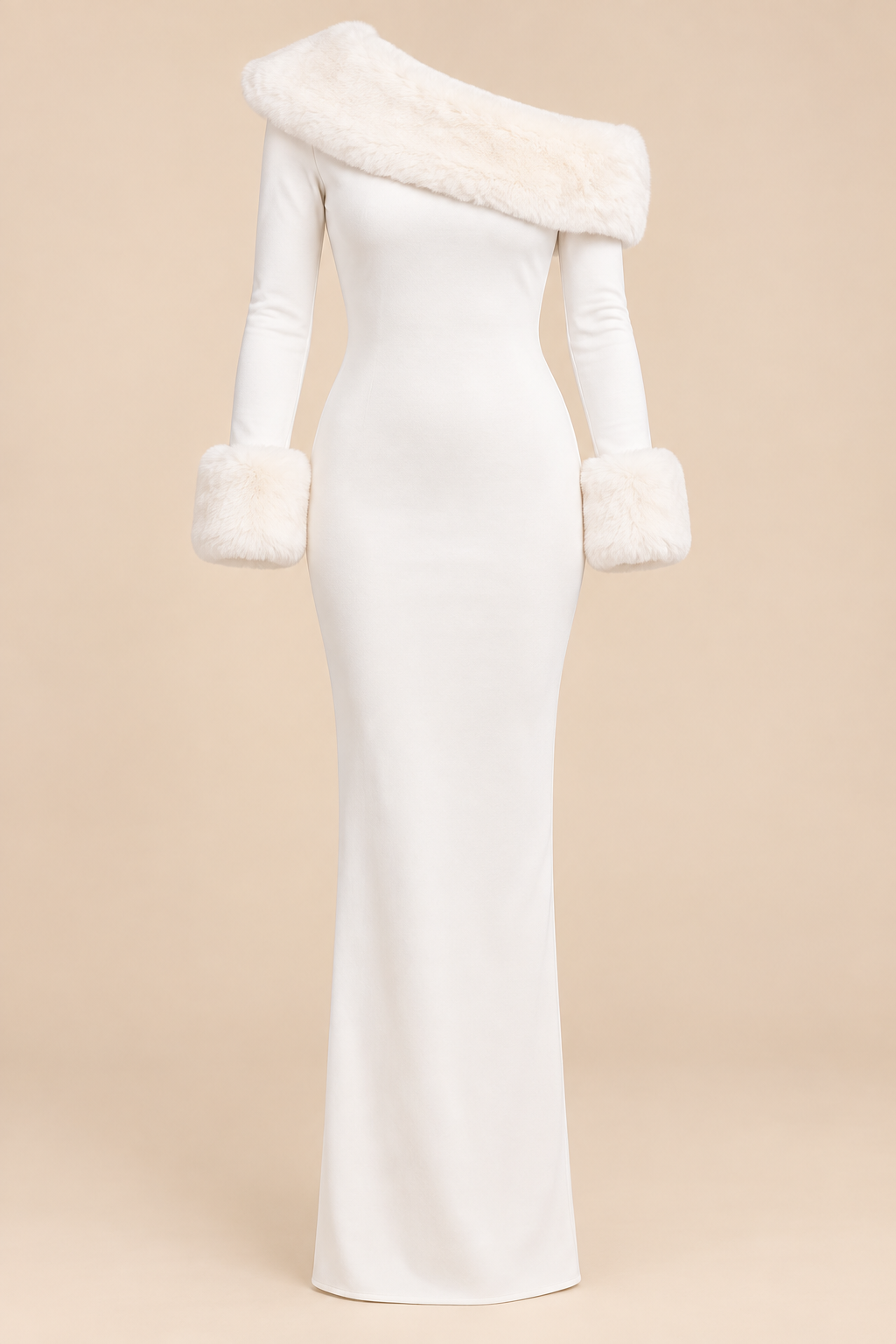 Off-Shoulder Faux-Fur Trim Maxi Dress