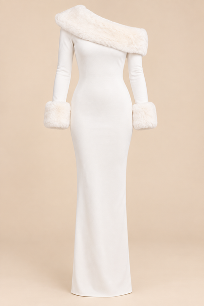 Off-Shoulder Faux-Fur Trim Maxi Dress