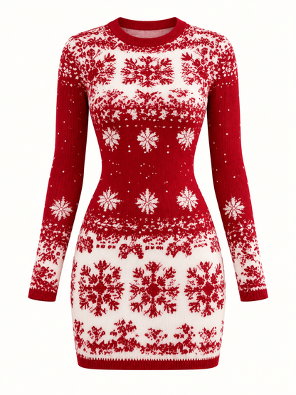 Long-Sleeve Christmas Print Mini Dress