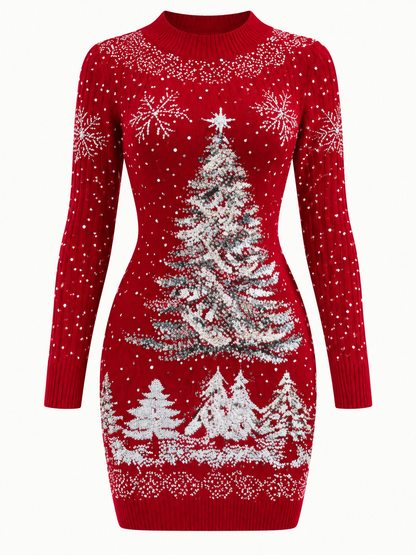 Long-Sleeve Christmas Print Mini Dress