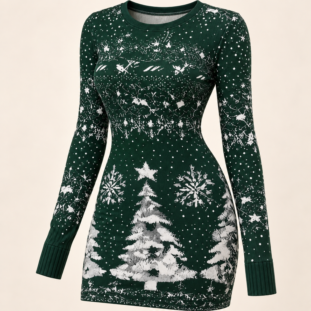 Long-Sleeve Christmas Print Mini Dress