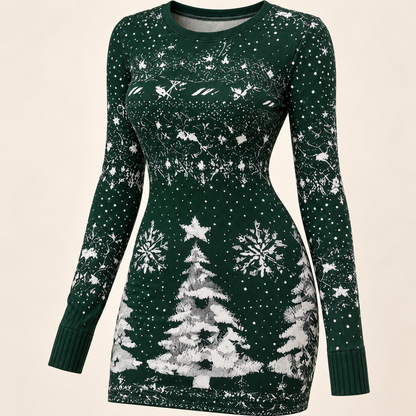 Long-Sleeve Christmas Print Mini Dress