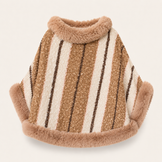 Cape Fur Collar Striped Knitted Shawl Sweater For Women