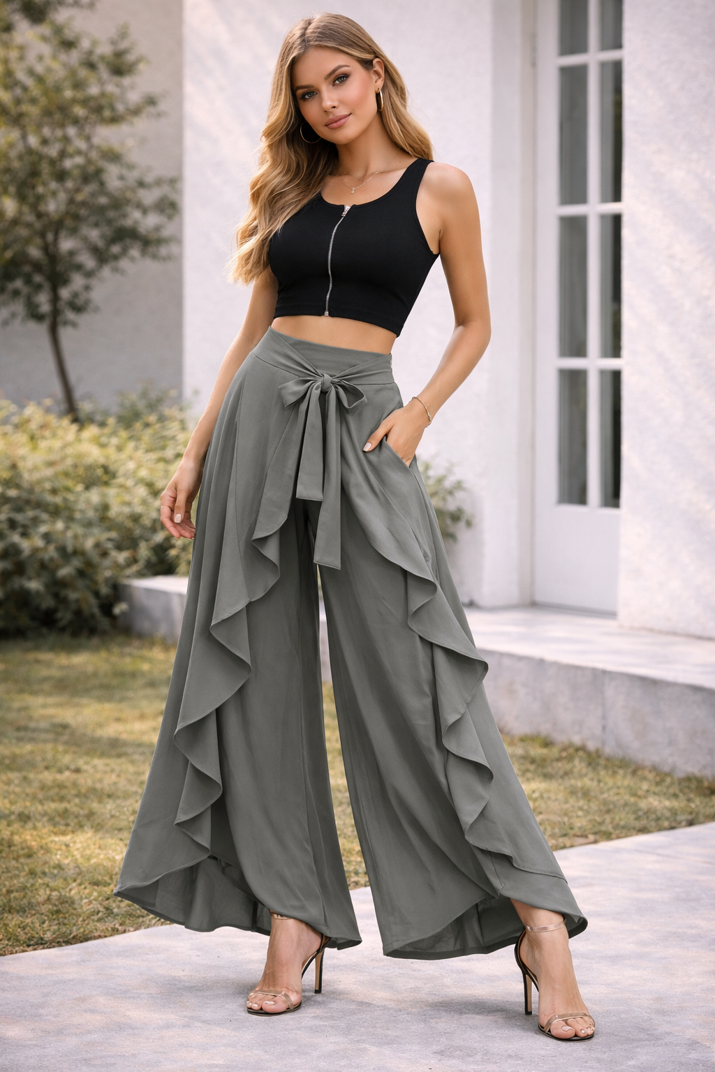 Wide-leg Culottes, Irregular Chiffon Lotus Leaf