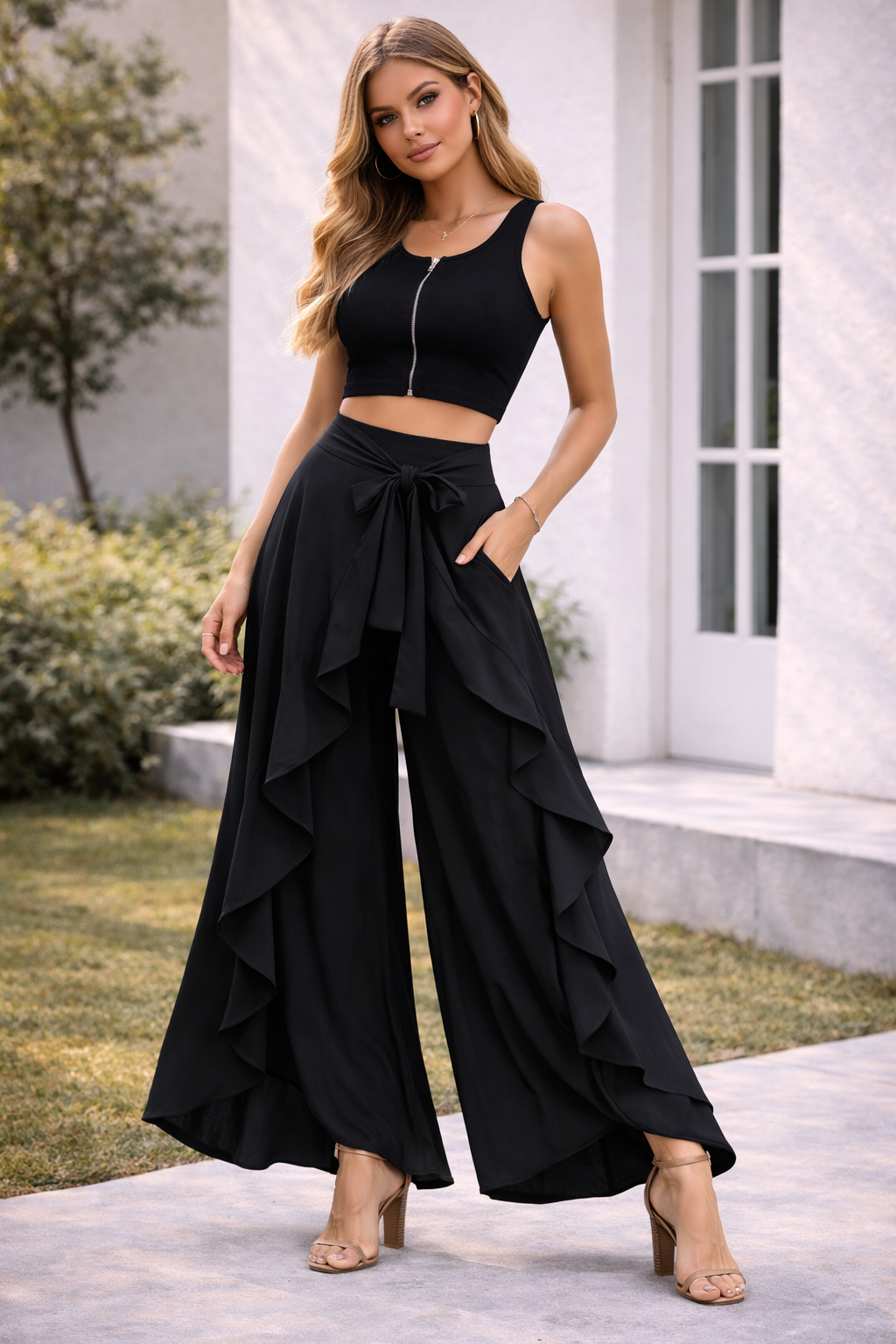 Wide-leg Culottes, Irregular Chiffon Lotus Leaf