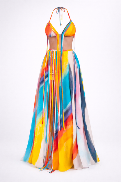 Colorful Ribbon Bra & Slit Skirt Set