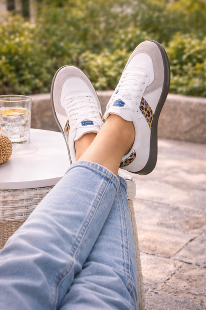 Womens Style White Lace Up Casual Sneakers With A Leopard Print Flat Sole