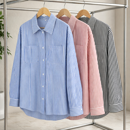 Fashion Striped Long Sleeve Shirt With Pockets Casual Loose Single-breasted Button Top Women Clothing