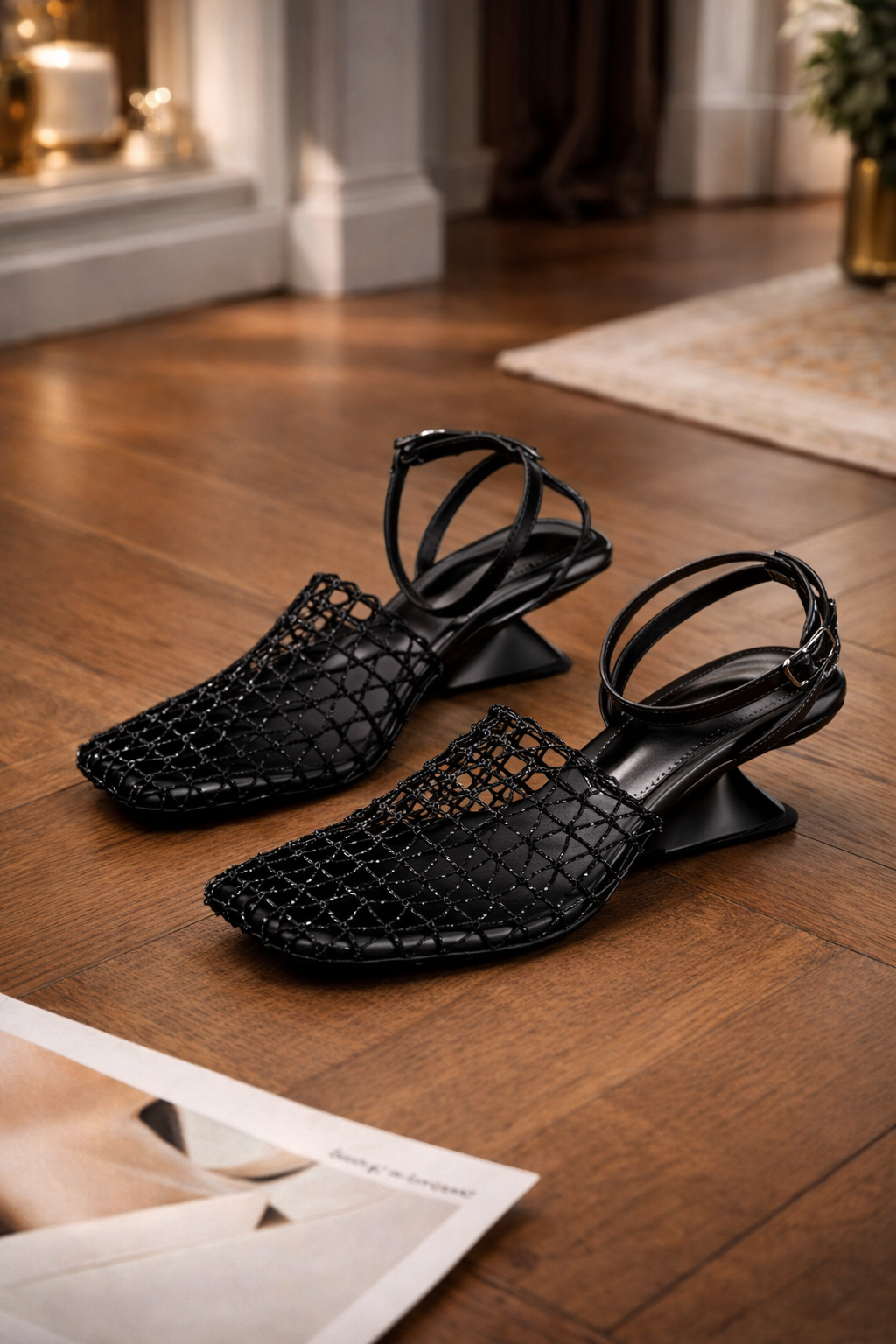 First Encounter Season Niche Design Wedge Heel Fishnet Hollow Women's Sandals, Retro Square Toe Woven Backless One-Strap Sandals