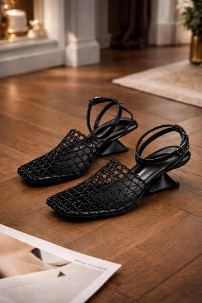 First Encounter Season Niche Design Wedge Heel Fishnet Hollow Women's Sandals, Retro Square Toe Woven Backless One-Strap Sandals