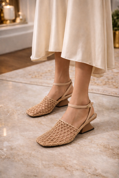 First Encounter Season Niche Design Wedge Heel Fishnet Hollow Women's Sandals, Retro Square Toe Woven Backless One-Strap Sandals