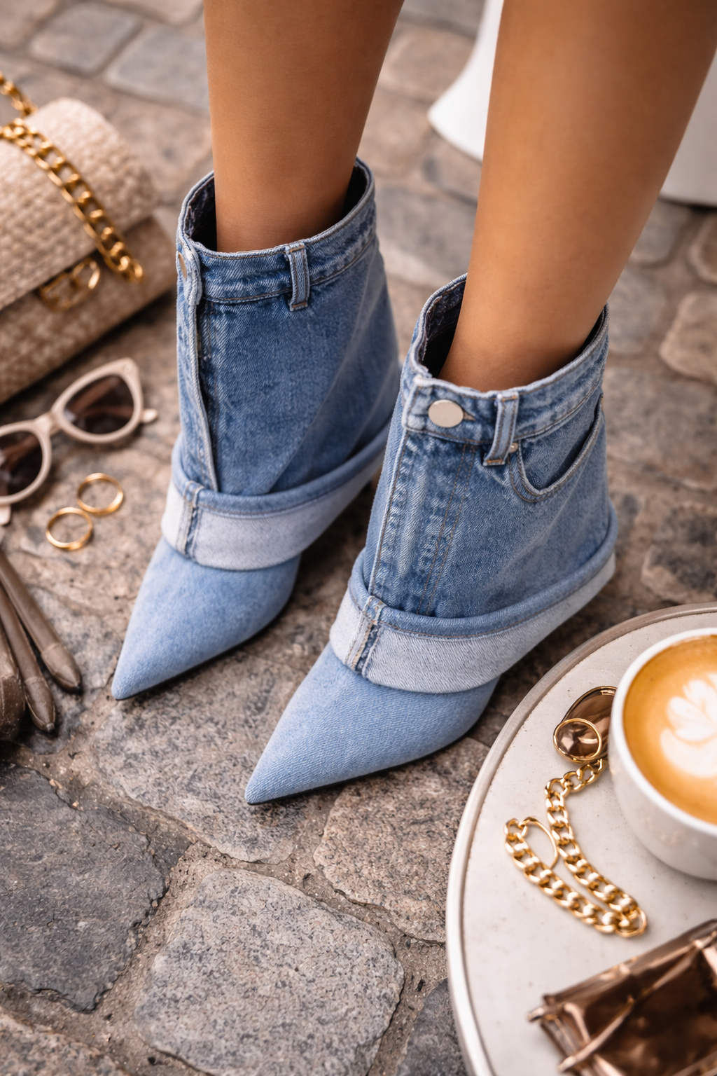 Pointed-toe Washed Denim Pantskirt Stiletto Heel Ankle Boots