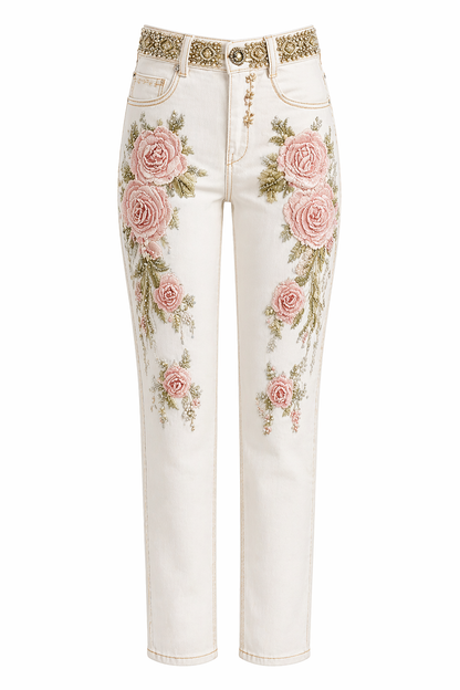 Womens Denim Jeans  Womens Trousers With Colorful 3D Floral Prints