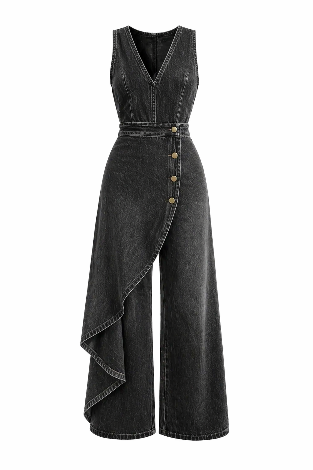 Western-style V-neck Asymmetrical Denim Jumpsuit