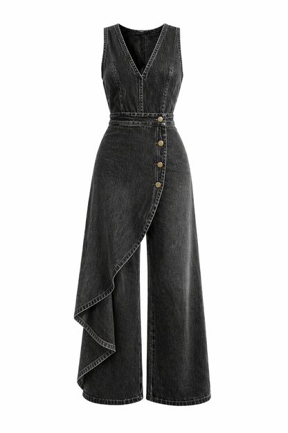 Western-style V-neck Asymmetrical Denim Jumpsuit