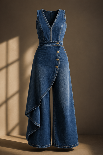 Western-style V-neck Asymmetrical Denim Jumpsuit