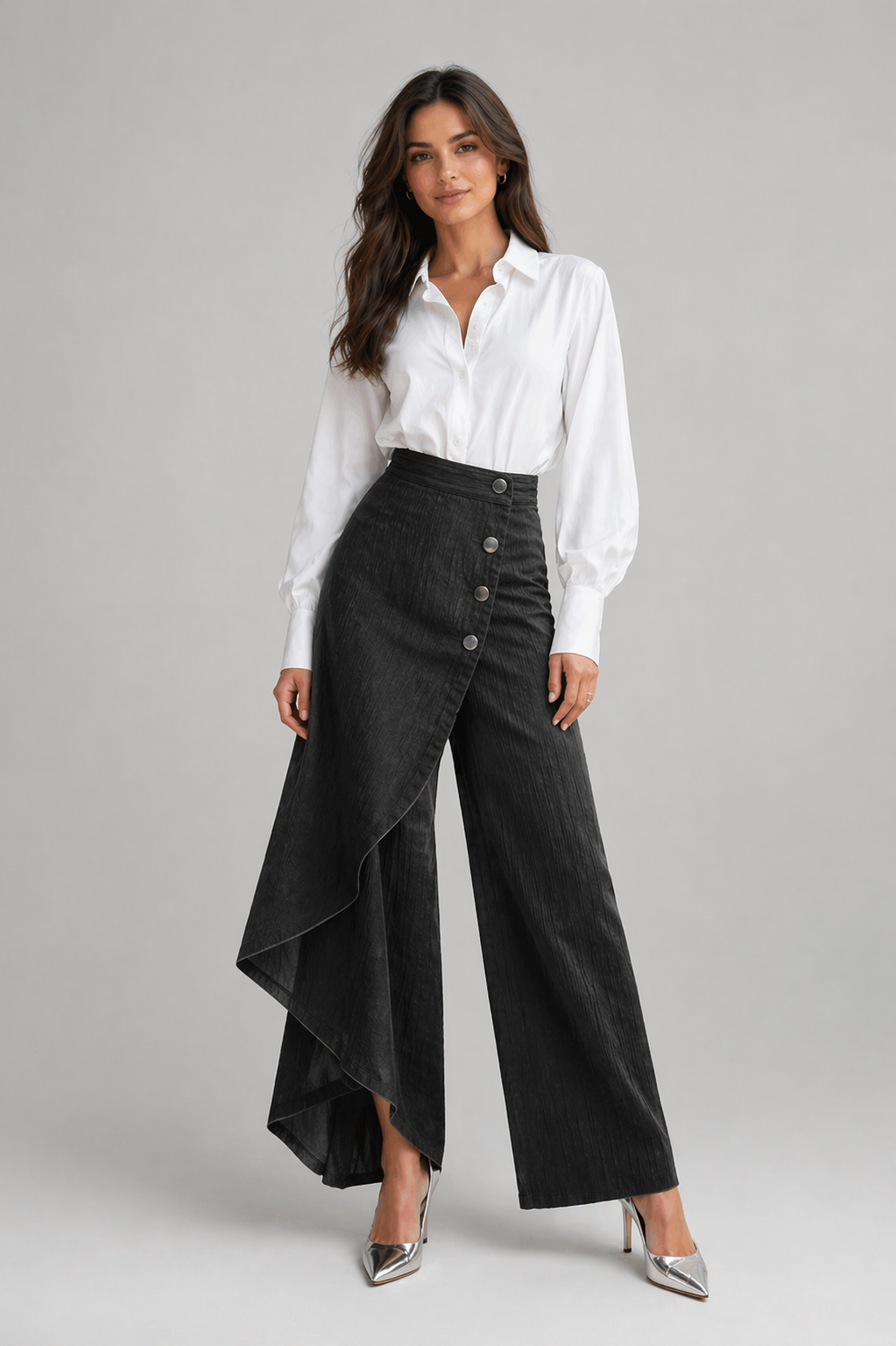 Unique Straight-leg Pants Fashion Large Ruffled Buttons Trousers Women's Faux Jeans Clothing
