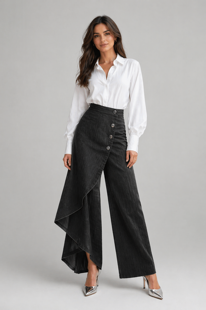 Unique Straight-leg Pants Fashion Large Ruffled Buttons Trousers Women's Faux Jeans Clothing