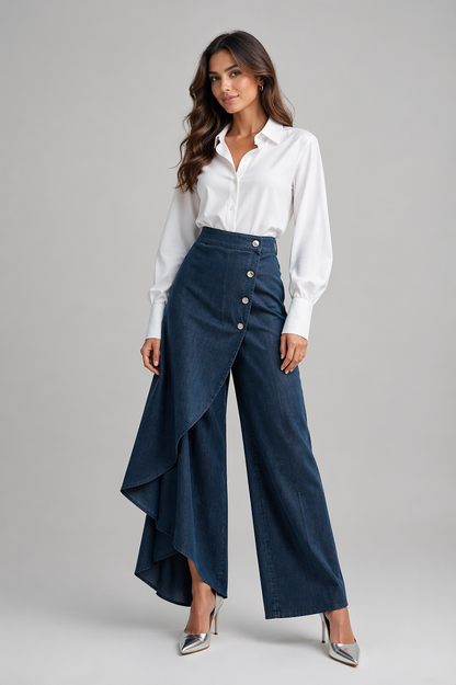 Unique Straight-leg Pants Fashion Large Ruffled Buttons Trousers Women's Faux Jeans Clothing