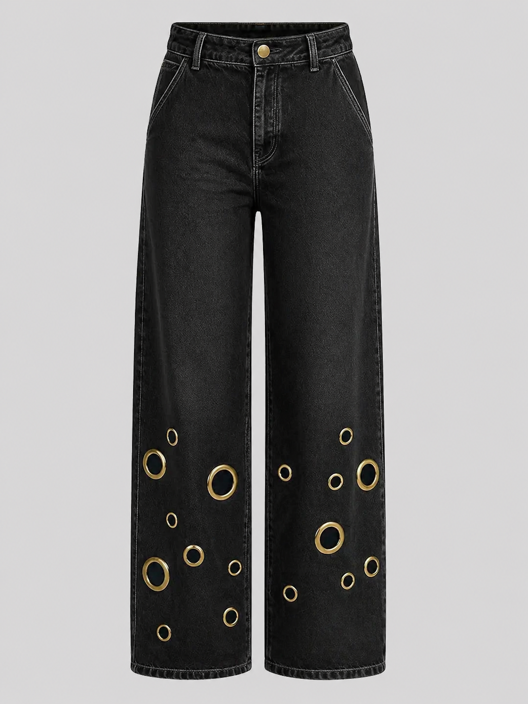 High-waisted Loose-fit Denim Jeans With Cutout Detailing And Metal Eyelets