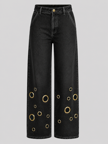 High-waisted Loose-fit Denim Jeans With Cutout Detailing And Metal Eyelets